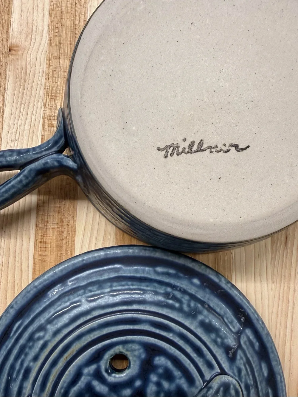 Signed Millner Studio Pottery Lidded Casserole Bean Pot Blue Drip Glaze